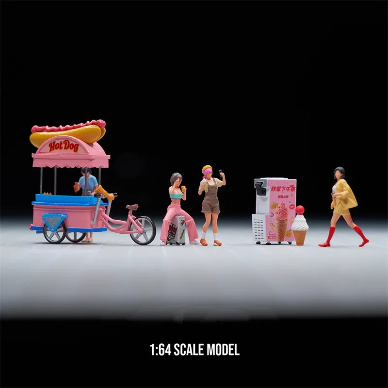 Figurka żywiczna 1/64, malowana, drukowana 3D, food truck z hot dogami i lodami, rekreacja, dziewczyna robiąca selfie, miniaturowy model do samodzielnego montażu, scena DIY