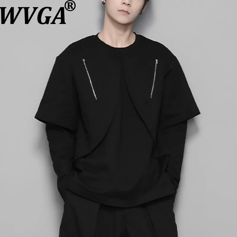 

WVGA весна осень новый мужской нерегулярной молнии искусственный двухсекционный лоскутный модный свитшот нишевый шикарный повседневный топ с длинными рукавами W13394