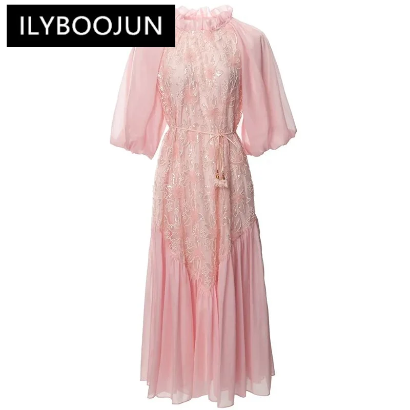 

ILYBOOJUN Fashion Designer Summer Vintage Dress Women's O-Neck Puff Sleeve Sequins Embroidery Lace-up Dresses