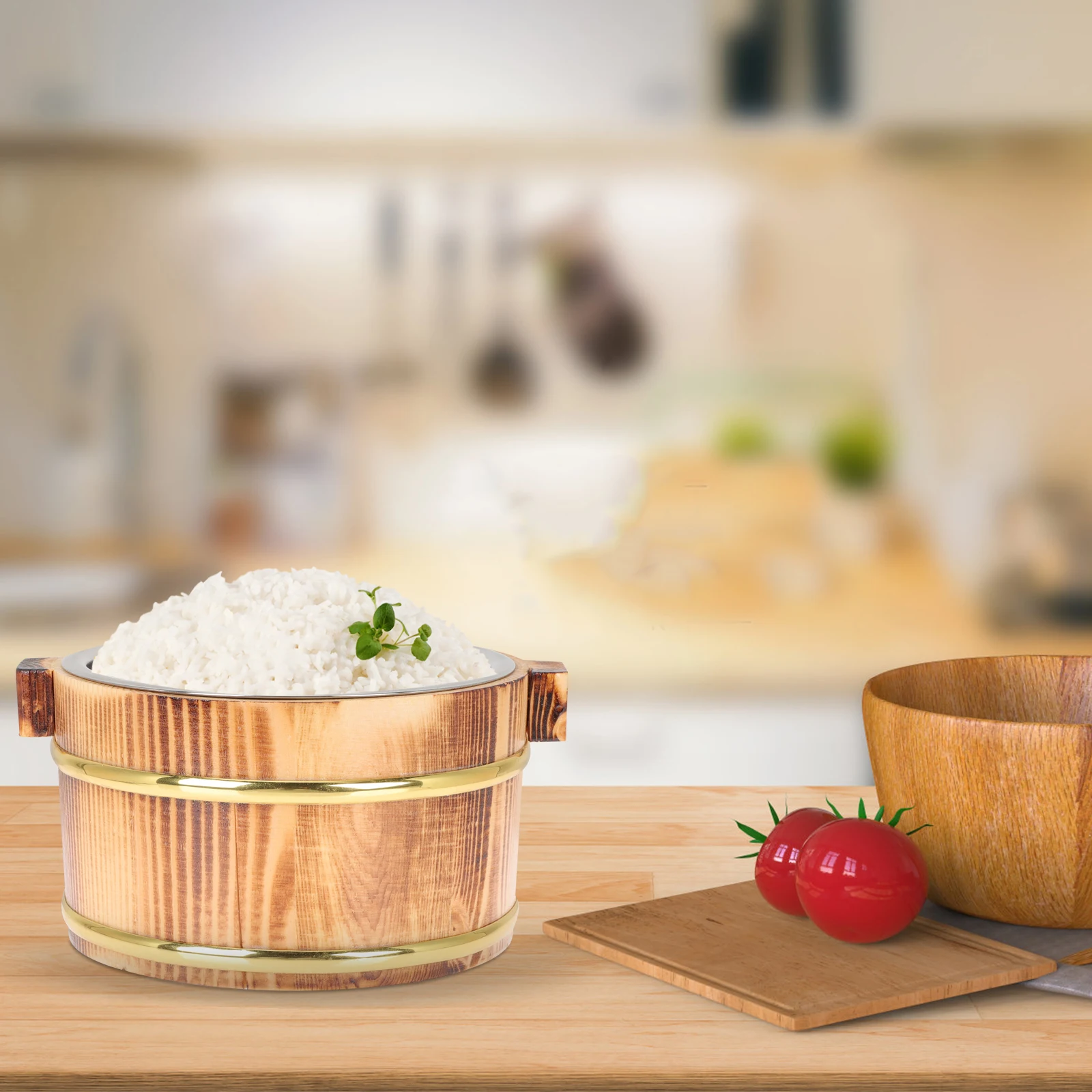 

Salad Container Food Storage Bucket Serving Bowl Natural Solid Wood Rice Mixing