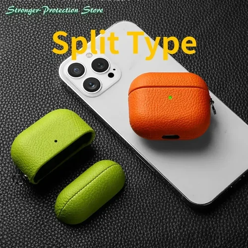 Imagen 2 del producto Funda de cuero genuino para AirPods Pro 3, funda AirPods Pro 2 Airpods 4 Airpods 3, funda de piel de vaca con patrón de lichi y hebilla