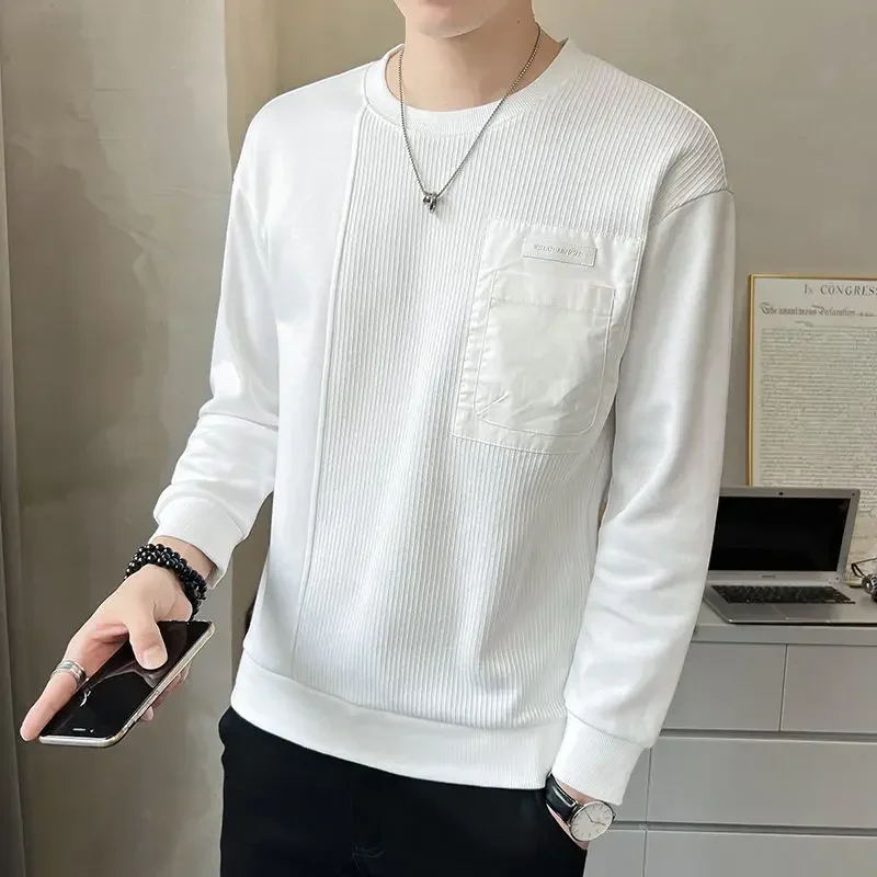 T Shirt for Man Spliced Top White Men's Clothing Sweatshirts Formal Round Neck Business Harajuku Fashion Regular Fit Cotton Emo