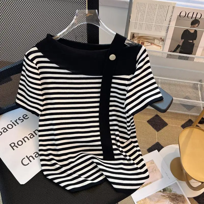 Summer Sexy Sweater Women Knit T-shirt Tops Fashion Striped Elegant Stylish Chic Tees Pullover Short Sleeve Jumpers 2024