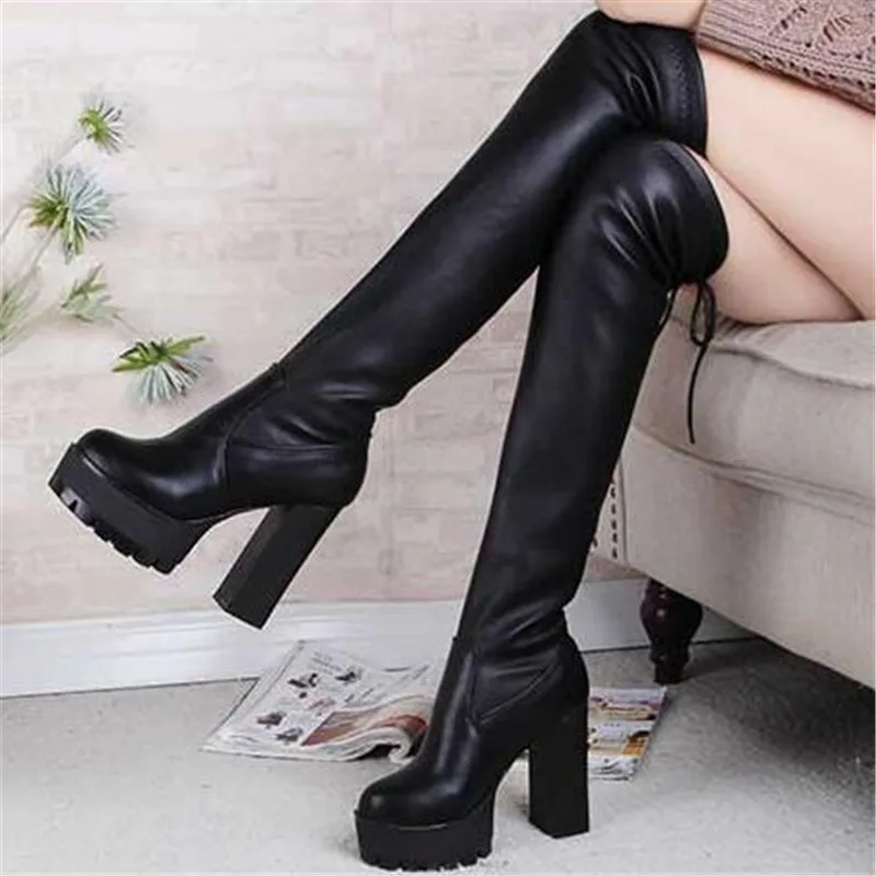 Autumn Winter Warm Leather Platform Women Long Boots Over The Knee Boots Comfort Shoes Female Thigh High Boots Botas Mujer Black