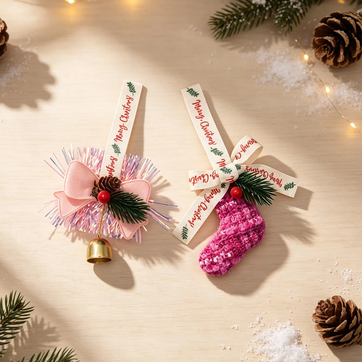 Christmas Hanging Ornament Stocking Bow Bell Fabric Metal Red Green White for Party Home Decor Lightweight Durable