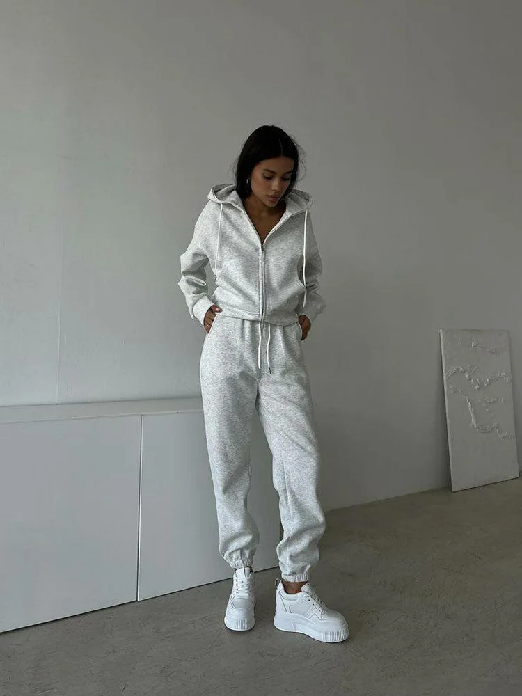 Women’s Tracksuit Hooded Zip Sweatshirt Pockets Elastic Waist Pants Two-Piece Thick Sports Casual Set CyberStreetOne gray 1