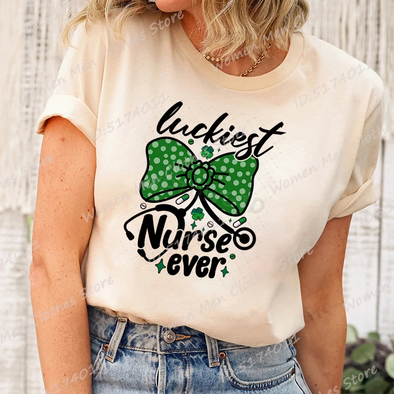 

St Patrick's Day Bow Luckiest Nurse Ever Print T-shirt Women Summer Short Sleeve O Neck Loose T-Shirt Creative Personalized Tops