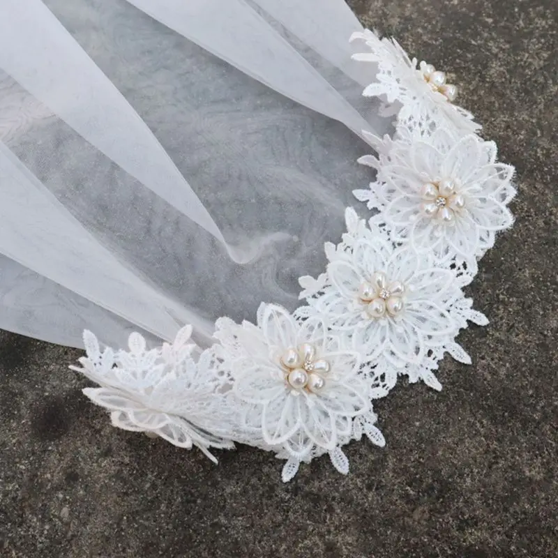 2 Tier Vintage Women Wedding Veil Floral Lace Applique Imitation Pearl Flower Bridal Veil With Fixed