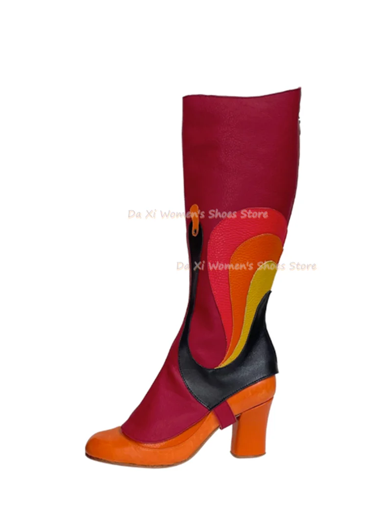 Geometric Shapes Art Pattern Splicing Round Head Chunky Heel Retro Style Women's Knee-High Boots Party Luxury Women's Boots 2026