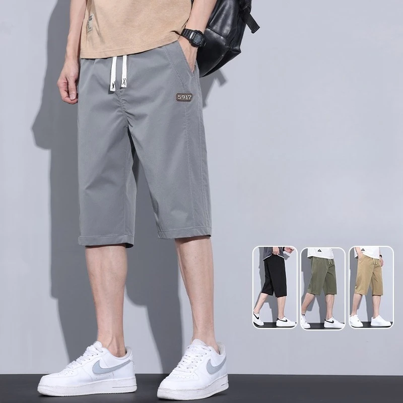 

Summer Ice Silk Men's Capri Pants Elastic Waist Loose Fit Thin Breathable Quick Dry Plus Size Sports Casual Trousers Male