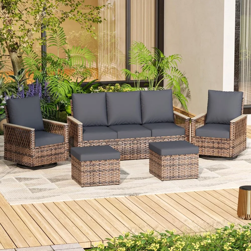 

5 Pieces Patio Furniture Set, Outdoor Swivel Glide Chairs with Ottomans and 3-Seat Sofa, All-Weather Patio Conversation Set