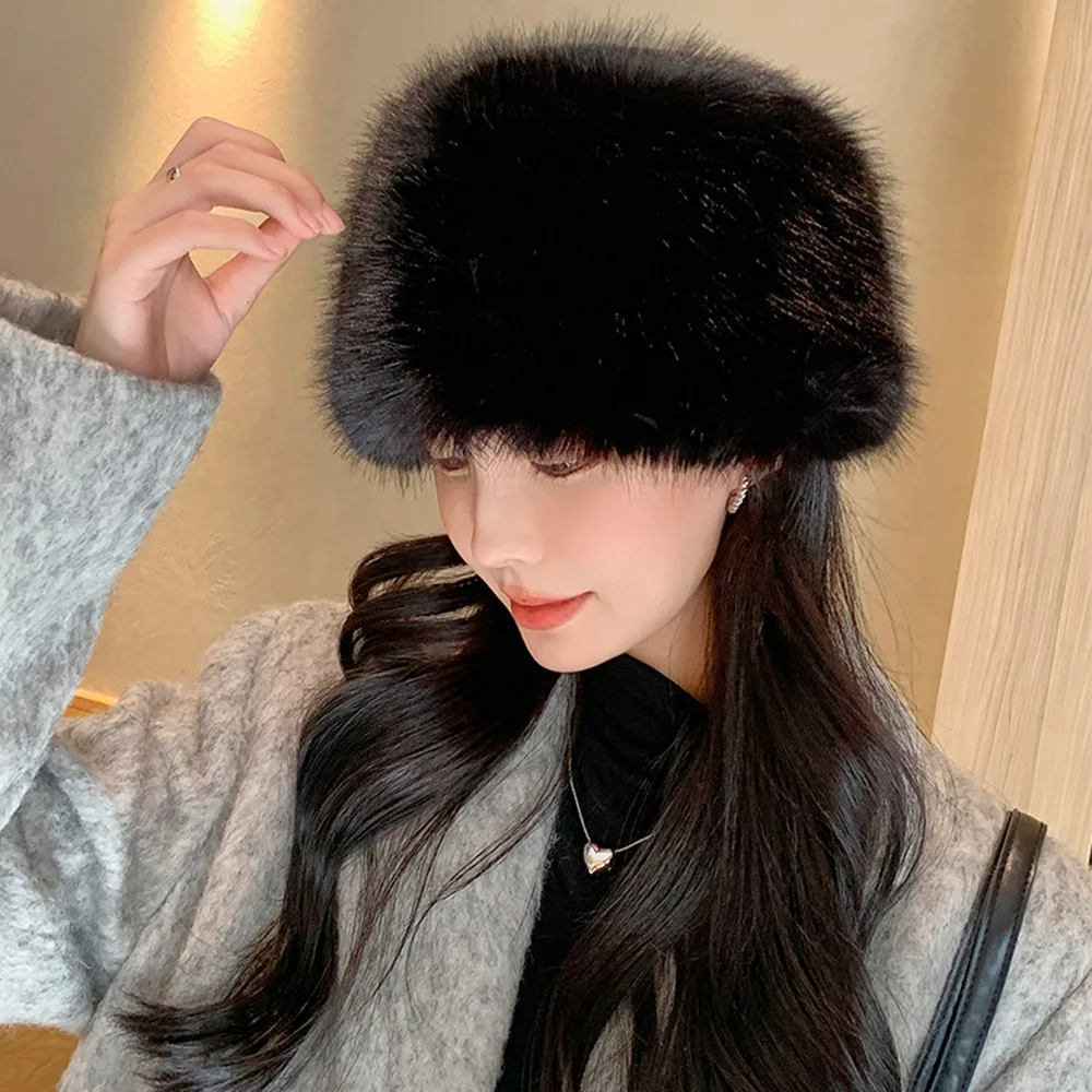 HOT Women's Winter Fluffy Fur Russian Hat Ear Protection Snow Ski Cap Panama Basin Cap Lady Faux Fox Beanies Plush Fisherman Hat