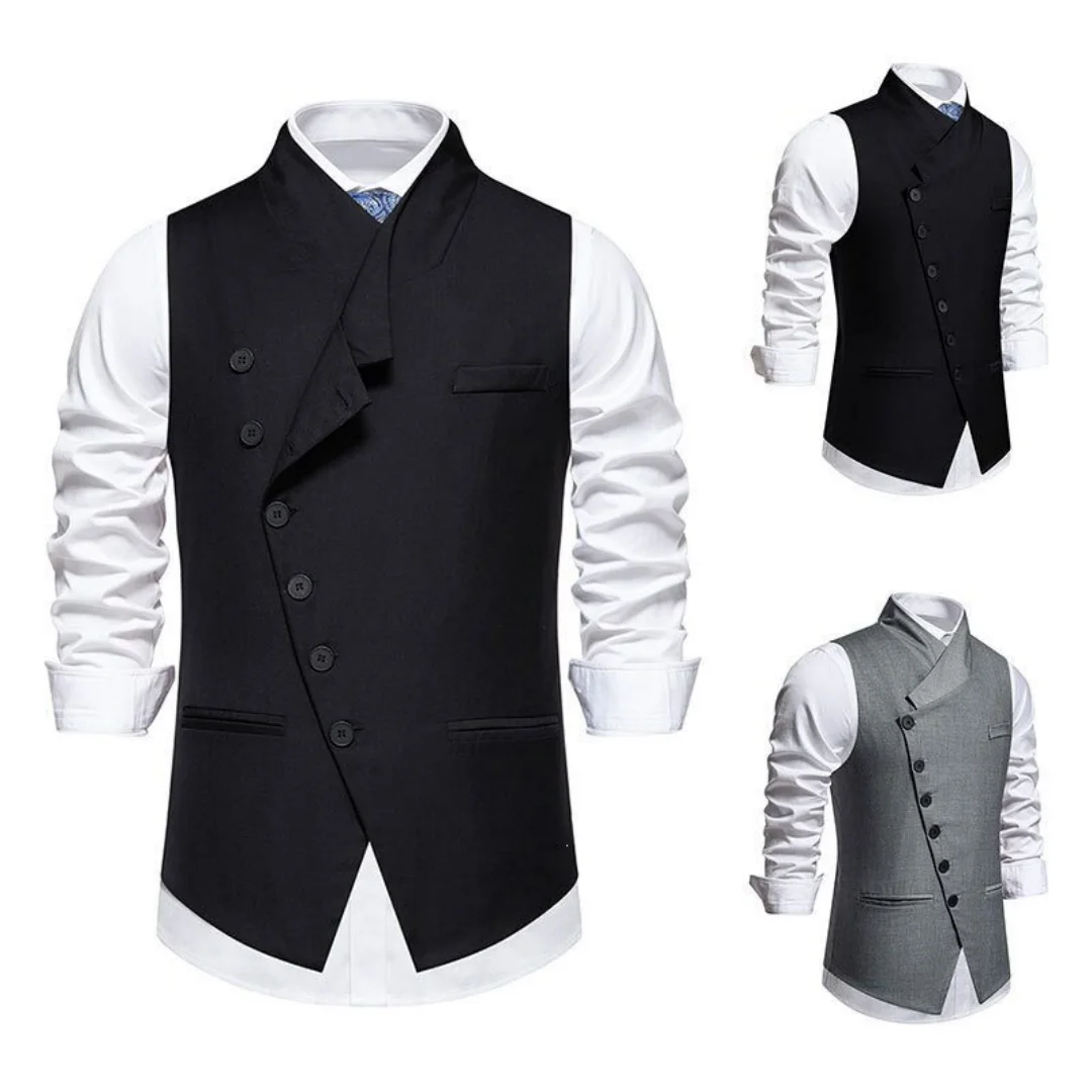 Men Irregular Asymmetric Design Double‑Breasted Waistcoat Peak Lapel Slim‑Fit Vest for Wedding Banquet Business Party