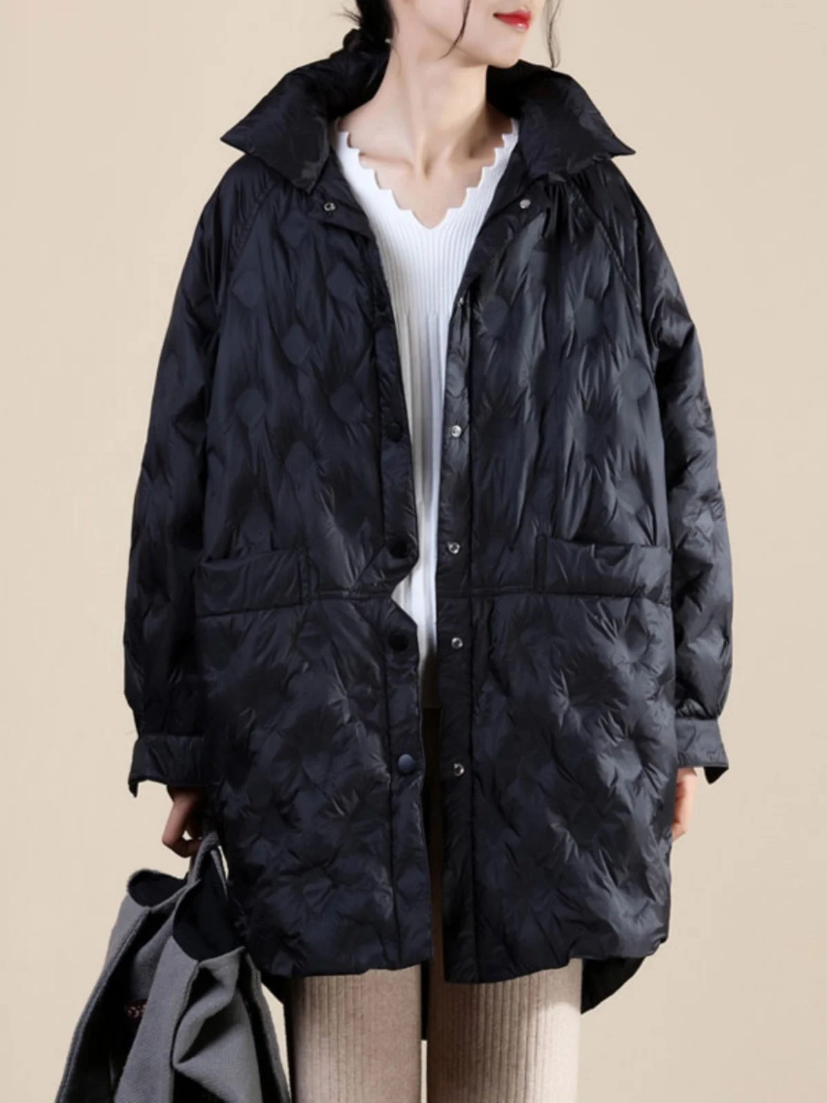 

Легкая женская верхняя одежда Du down Jaet средней длины с воротником-стойкой на пуговицах, белая верхняя одежда с перьями Du, корейская одежда для поездок на работу и ветер