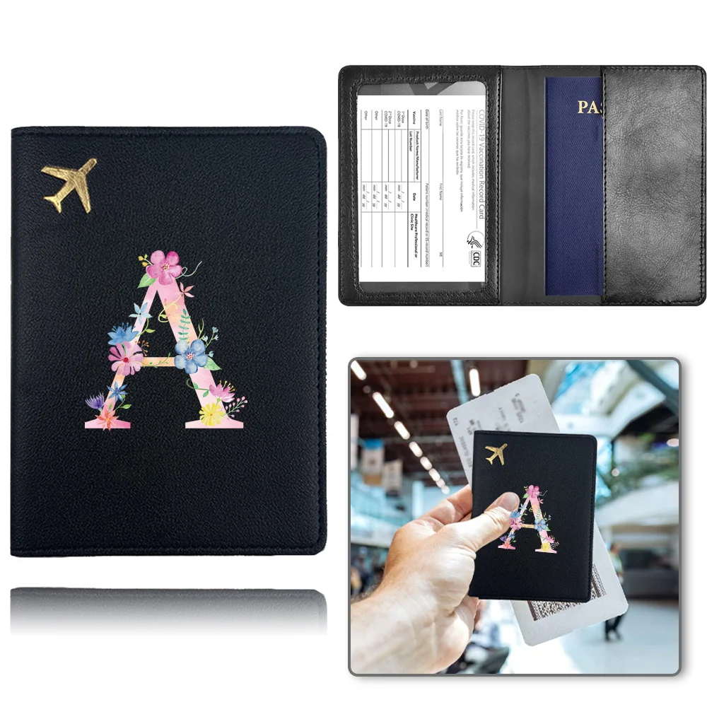 Portable Passport Cover Fold PU Passport Clip Storage Business Card Credit Card Bank Card Travel Wallet Pink Letter Pattern