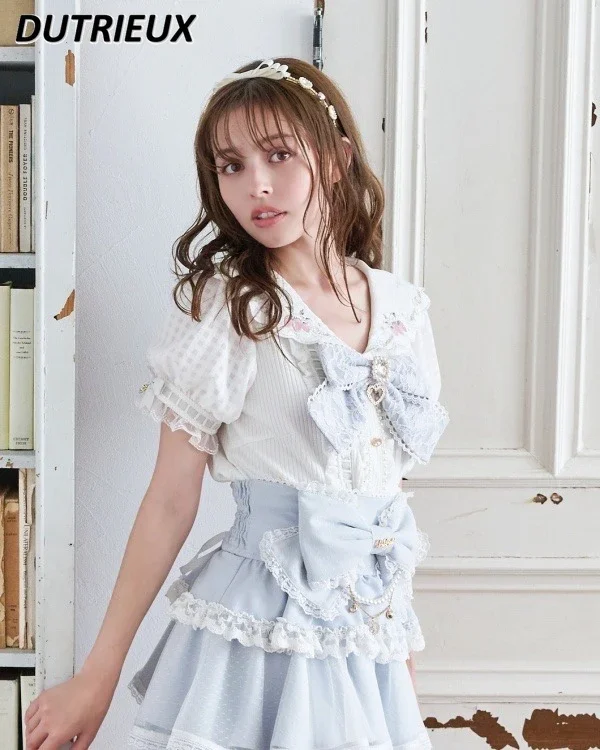 Lolita Shirts Japanese Style Women's Tops Summer New Embroidered Sailor Collar Shirts Sweet Cute Bowknot Short Sleeve Blouse