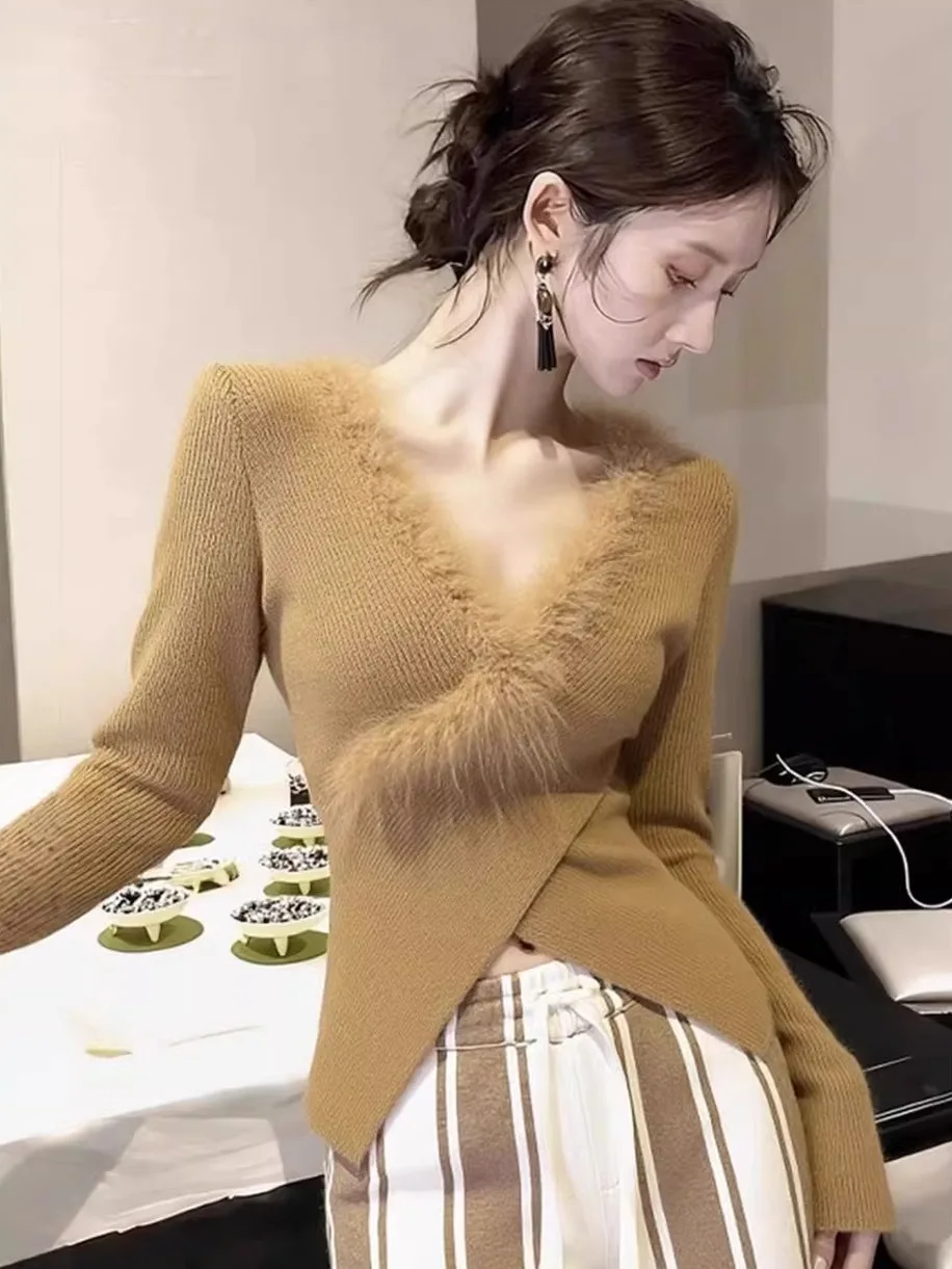 

Pure Desire Spicy Sweet Girl Knitted Base Shirt Women's Autumn Winter Waist-Cinching Slimming Long Sleeve V-neck Top
