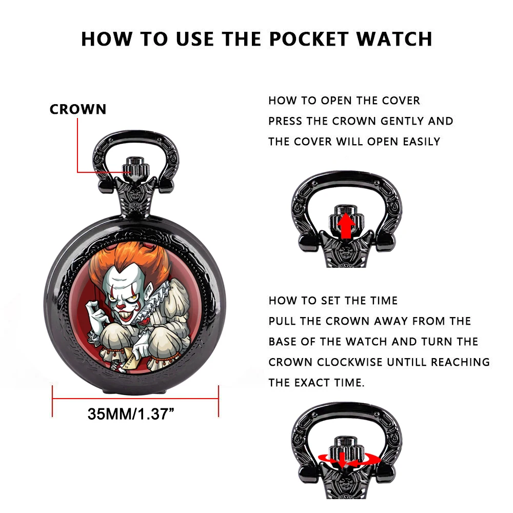 Pennywise-reloj de bolsillo de cuarzo para hombre y mujer, pulsera con cúpula de cristal de dibujos animados, con números arábigos, cadena de reloj colgante, para amantes del Anime