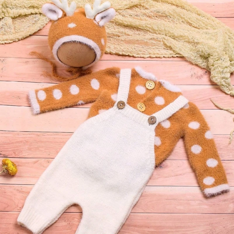 F1CB Seasonal Baby Picture Taking Outfit Reindeer Hat and Soft Knit Pants with Tops Sweater for Christmas Photos