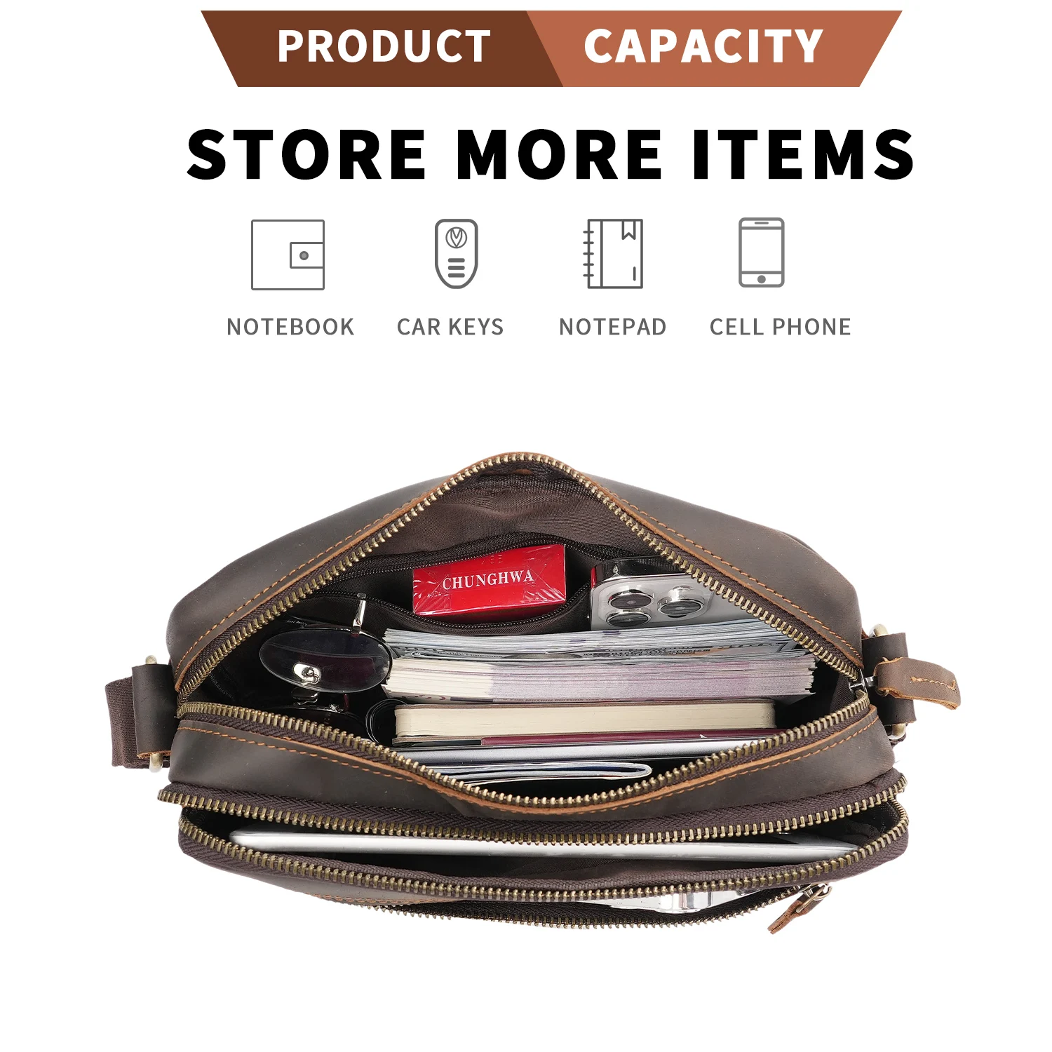 YATBEST Men's Shoulder Bag Leather Large Capacity Business Crossbody Bag Versatile Multi Pocket Zipper for Daily Commuting