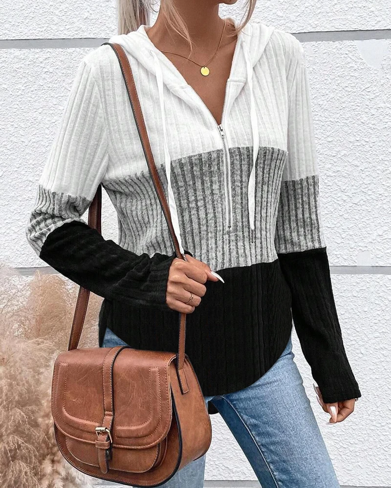 

Women's Pullover 2024 Autumn Winter Latest Round Neck Striped Colorblock Half Zip Up Hoodie Casual Long Sleeve Pullover Tops