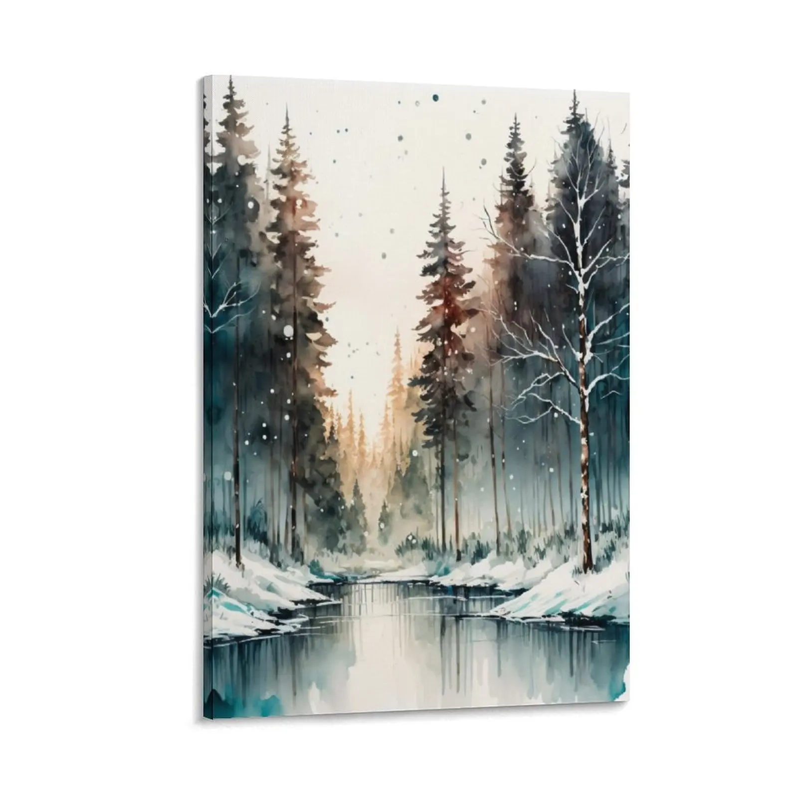 

Watercolor Winter Forest River Scene Canvas Painting korean room decor wall art canvas painting