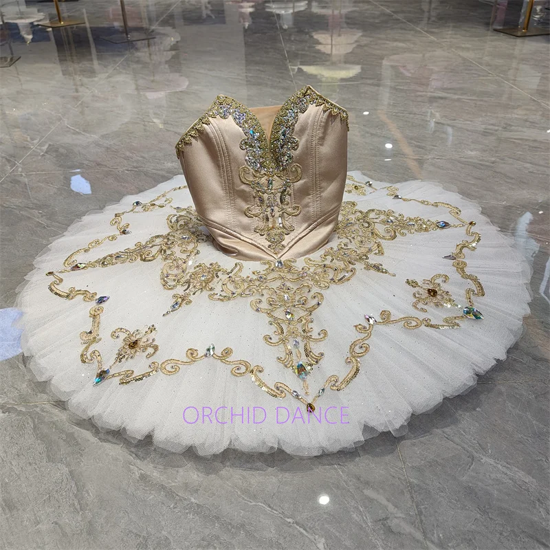 Women pointed V neck ballet tutu performance dress iridescent gold rhinestone symmetrical vintage scroll embroidery pure white g