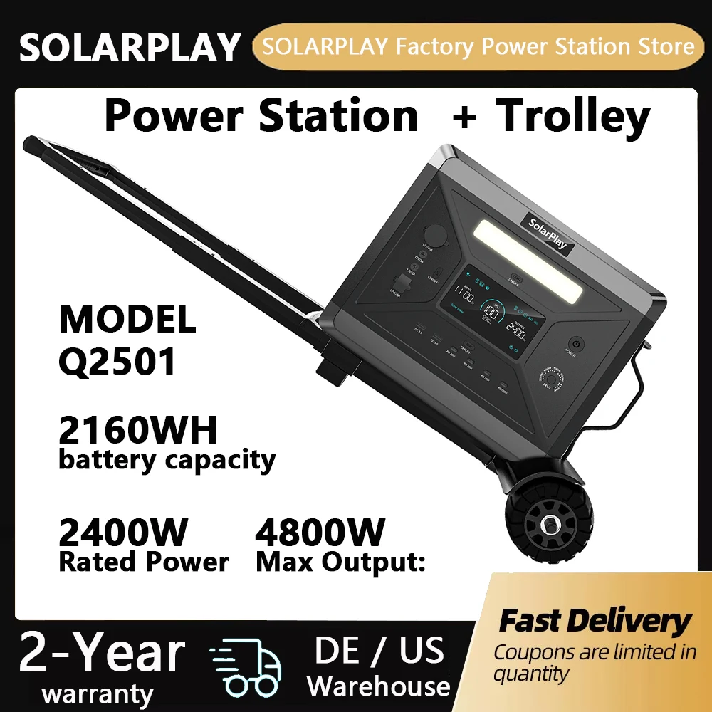 SOLARPLAY 2400W Power Station with Trolley Convenient Solar Generator UPS Function LiFePO4 Battery for Emergency Home Backup