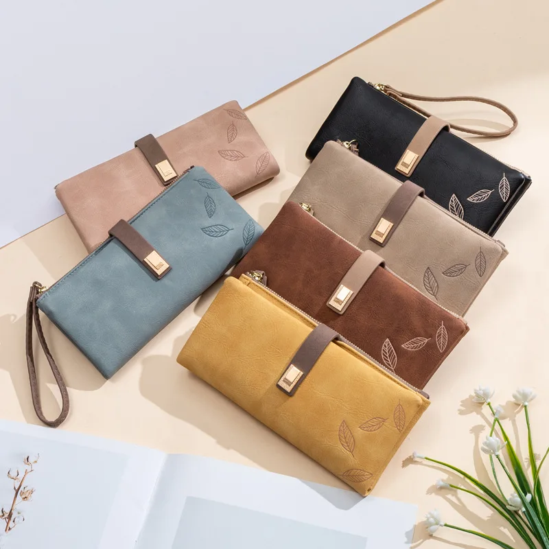 PU leather long ladies purse beauty retro folding clench handheld multi-function large-capacity mobile phone purse