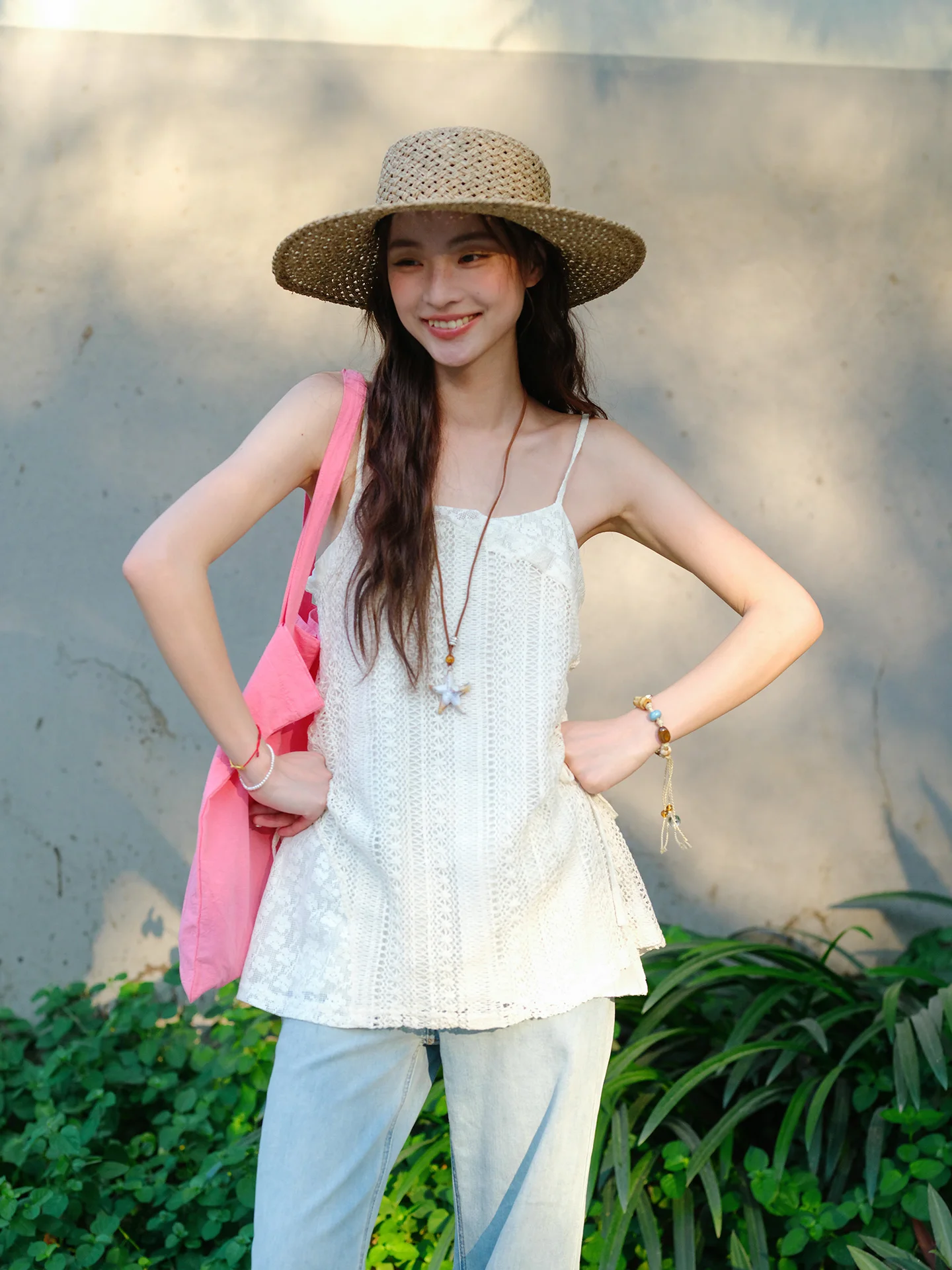 

Bohemian Holiday Style Lace Hollow Knitted White Women's Tank Top Outerwear Gentle Layering Top Loose Fit Mid-Length