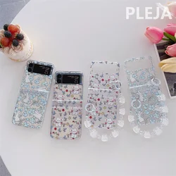 Korean Cute Flower Rabbit Chain Phone Case For Samsung Galaxy Z Flip 6 5 4 3 Z Flip3 Flip4 5G Cover Kawaii Cartoon Hinge Cases