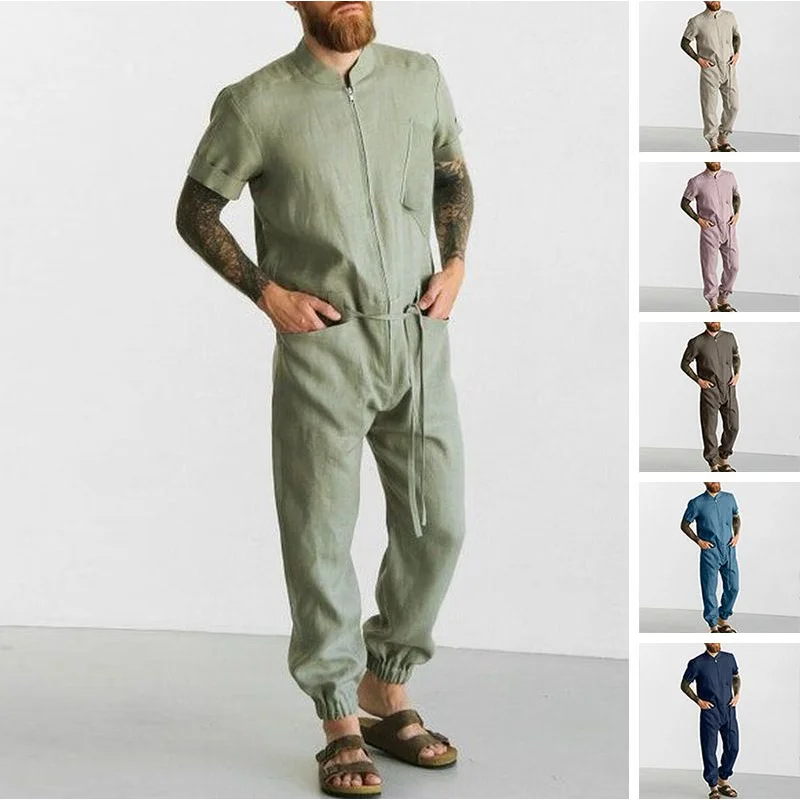 Setelan baju kodok Linen pria, Jumpsuit santai lengan pendek bernafas musim panas