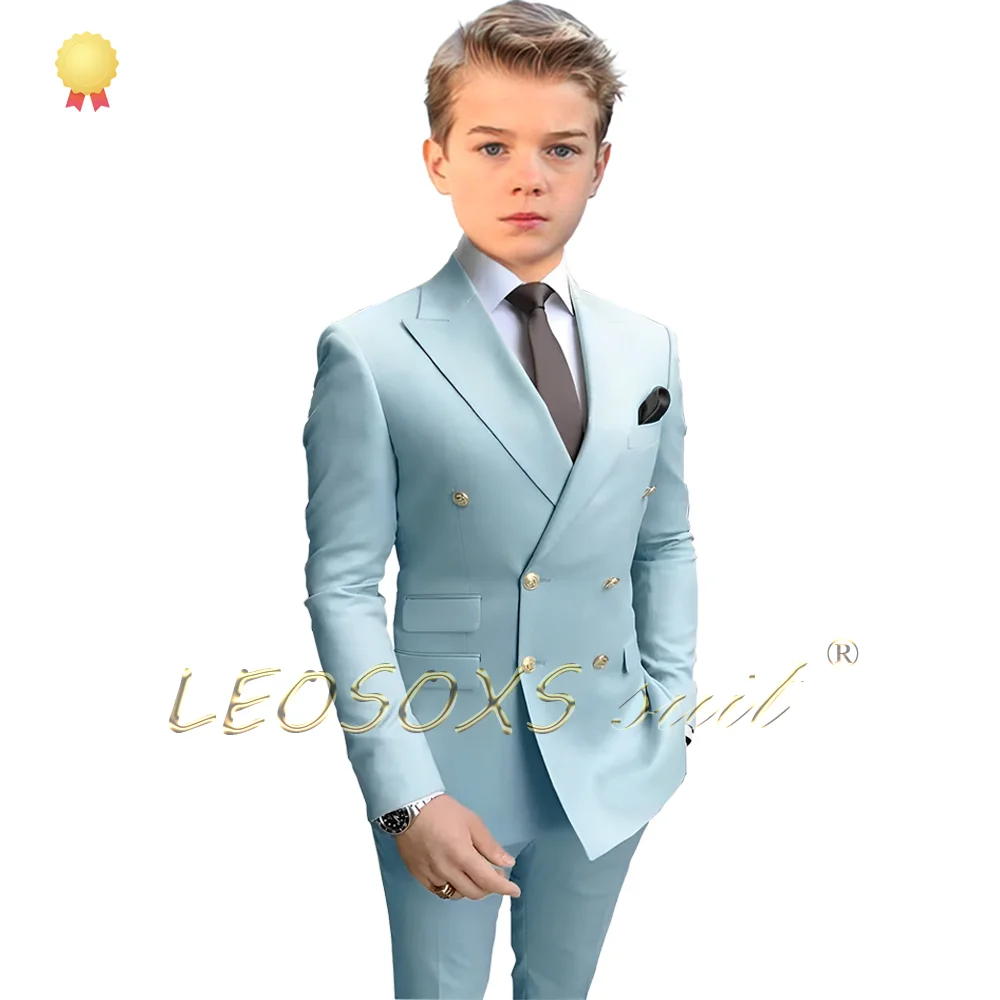 Boys' Party Dress 2-Piece Set, Latest Style Peak Lapel Children's Suit, Gold Buttons, Fashionable Double-Breasted Suit Set.