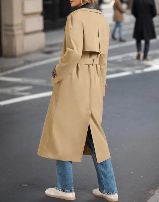 

Women's Khaki Splicing Leather Long Windbreaker Jacket Double Breasted with Waist Belt for Autumn Winter Temperament Style