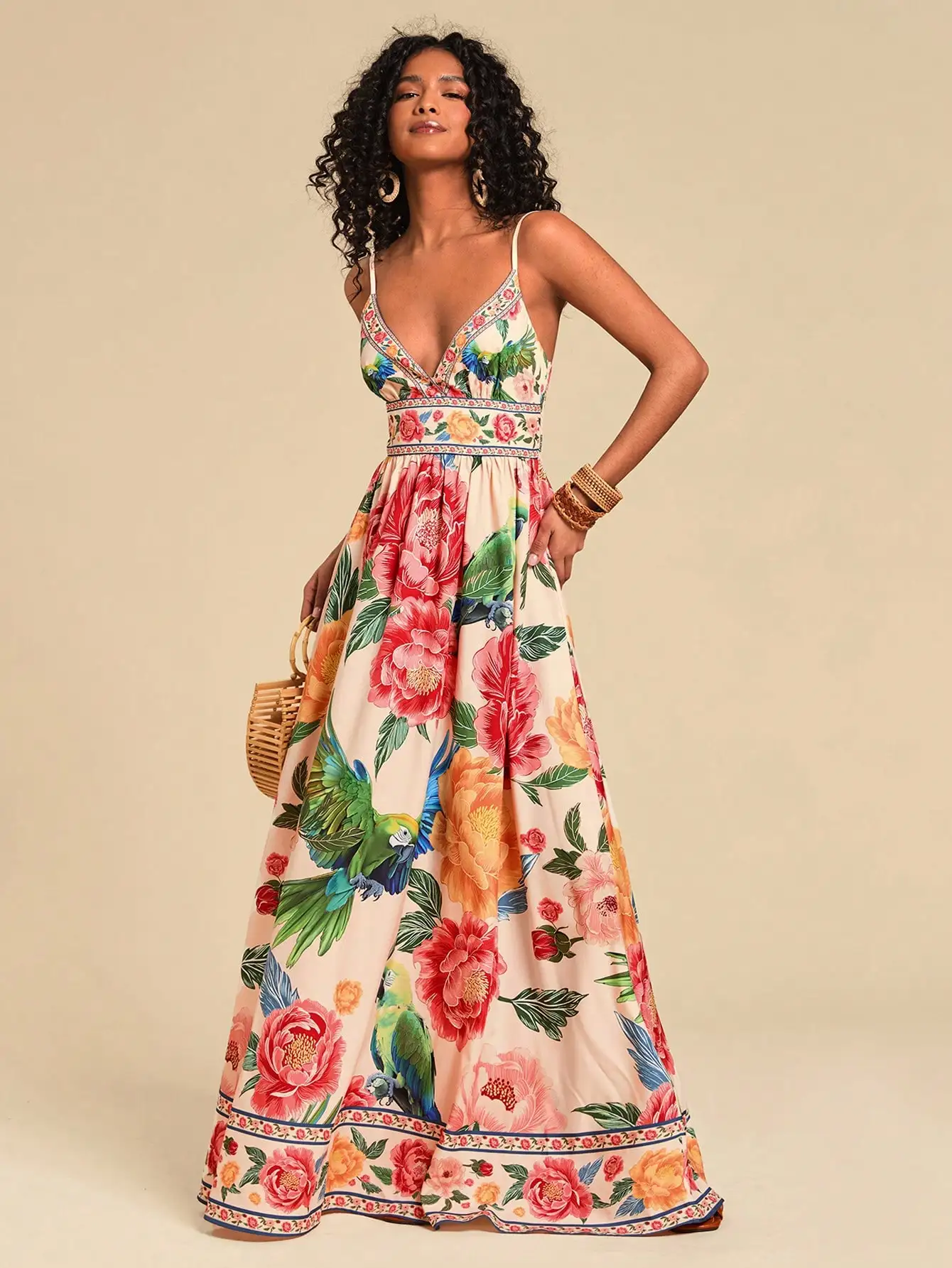 

Women's V-Neck Maxi Woven Dress with Floral & Parrot Print, Boho Style for Summer Vacation
