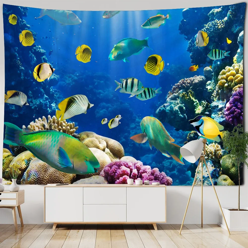 Underwater World Tapestry Wall Hanging Dolphin Shark Seaweed Home Art Decoration Background Bedroom Wall Cartoon Decoration