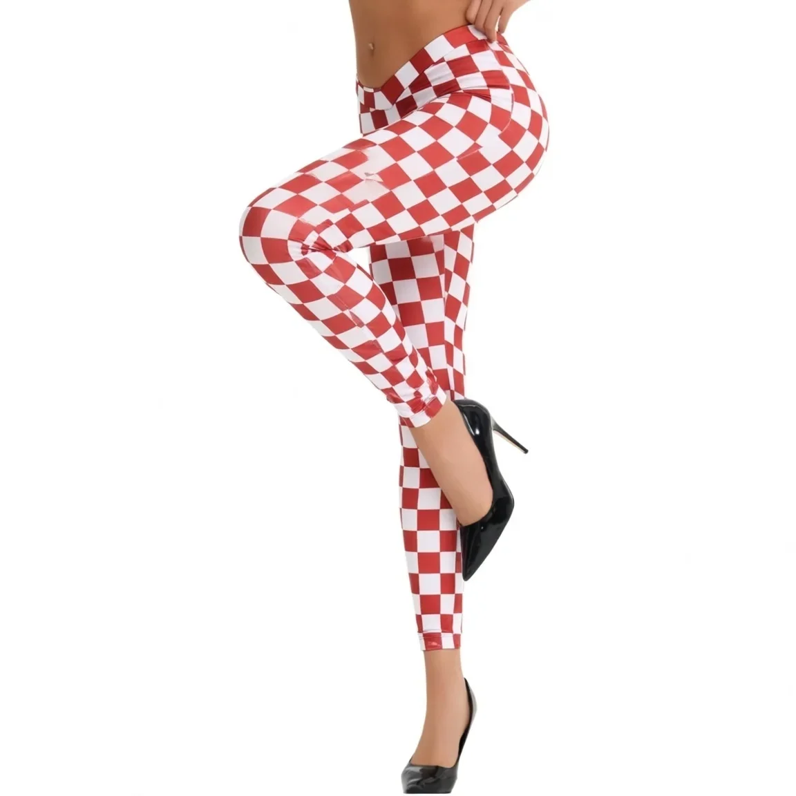 Womens Red White Checkered Print High Waist V Cross Waist Stretch Yoga Leggings Tummy Control Workout Running Gym Pants