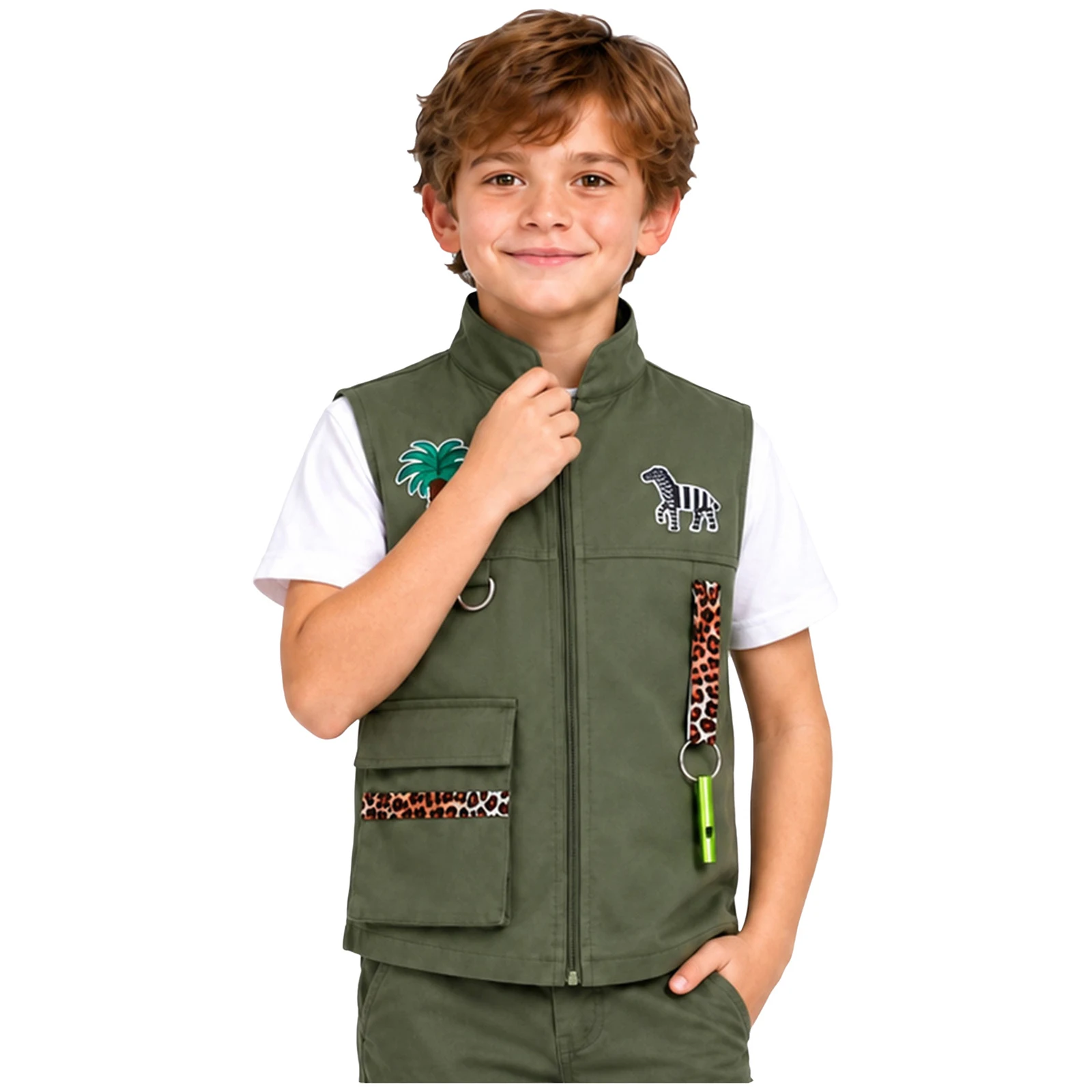 Kids Boys Girls Jungle Explorer Costume Leopard Trim Zookeeper Vest Zipper Front Stand Collar Jacket with Whistle And Pocket