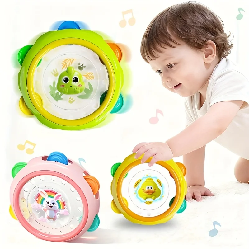 Giocattolo per tamburo a mano per bambini con 3 divertenti disegni di animali: incoraggia le abilità motorie, l'allenamento delle impugnature e il gioco ritmico, ideale per i regali di compleanno