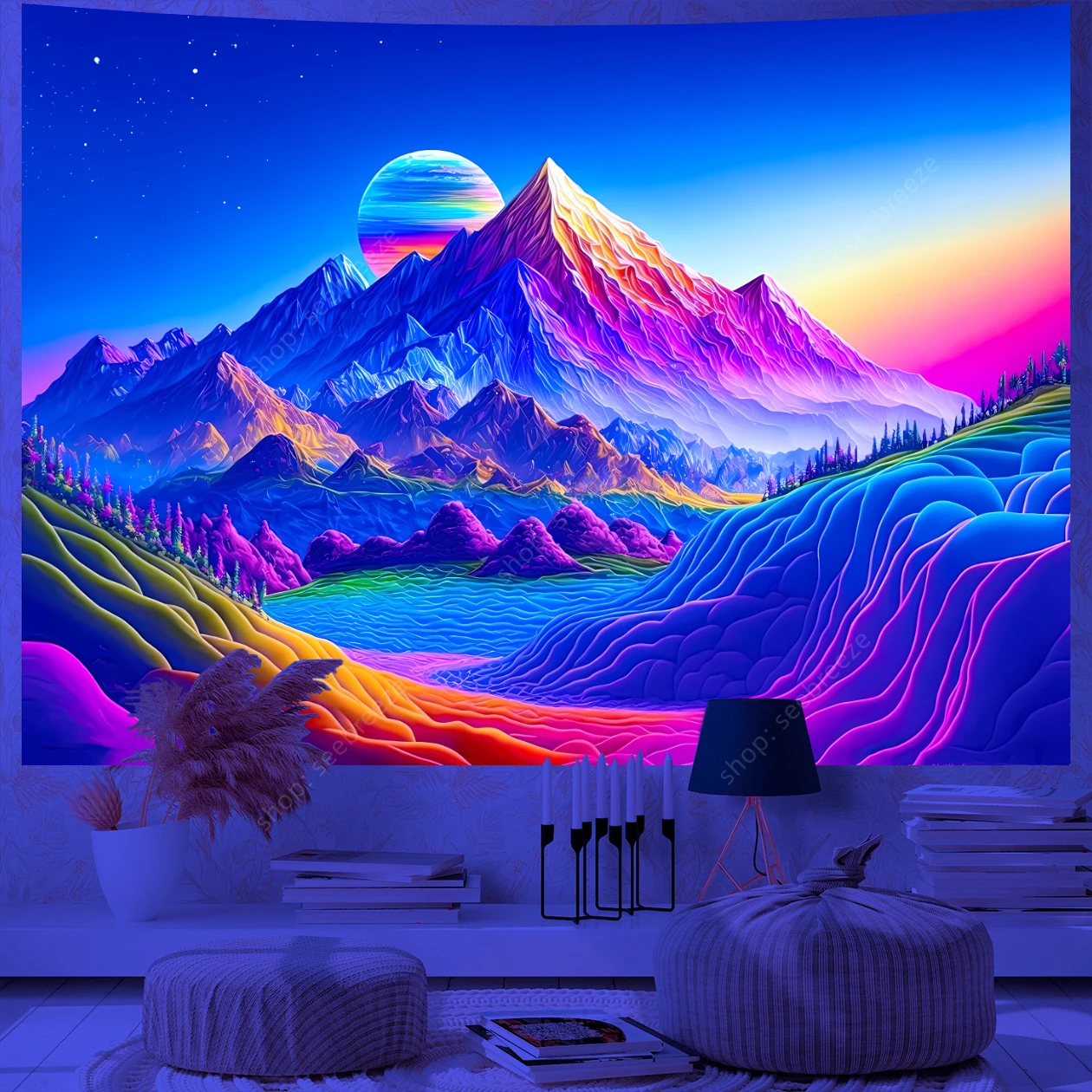 

Psychedelic Sunset UV Reactive Tapestry Wall Hanging Hippie Mountain Lake Nature Wall Tapestry Boho Home Decor Bedroom Aesthetic