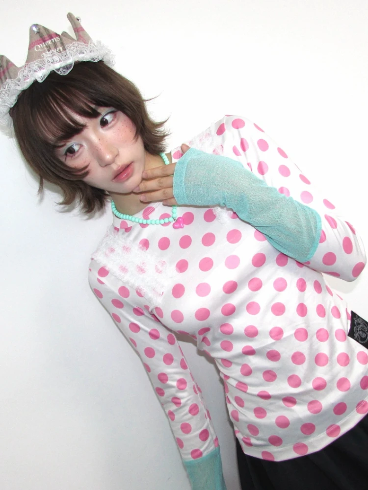 Japanese Y2K Harajuku Cute Polka Dot Print T-shirt Women Sweet Elegant Slim Tees Autumn Casual Fashion Long Sleeve Tops New