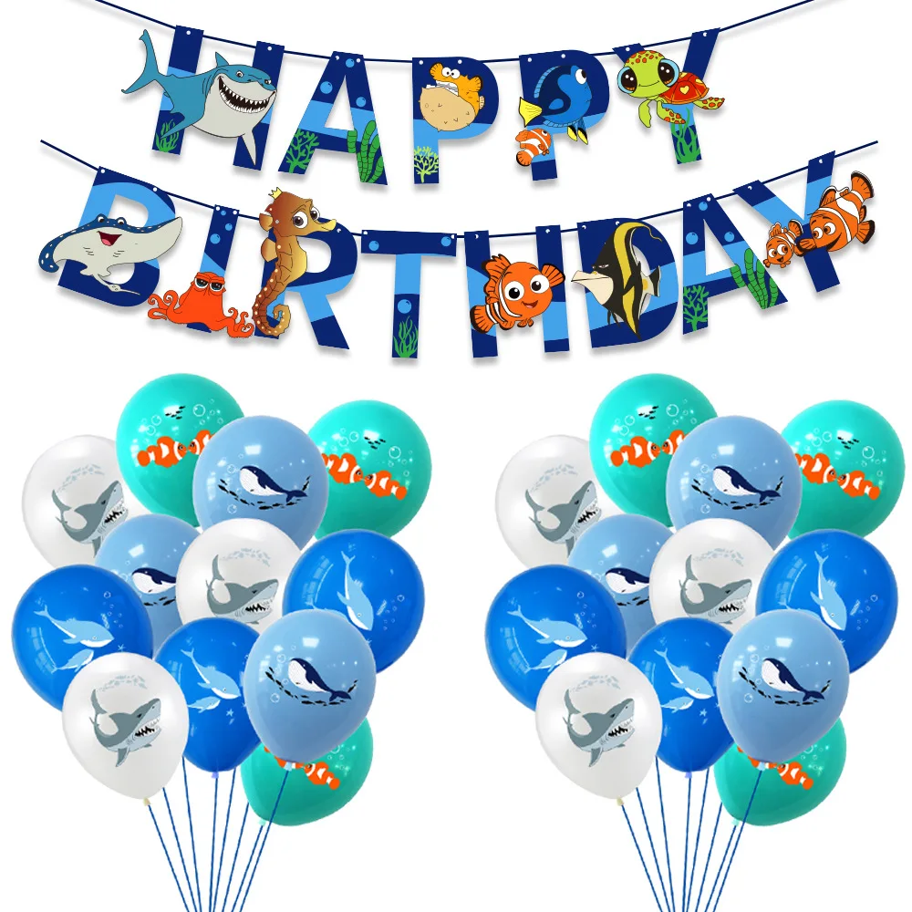 Shark Whale Dolphin Clownfish Starfish Balloon Set,12inch, Ocean Theme Happy Birthday Pull Flag,Shark Banner