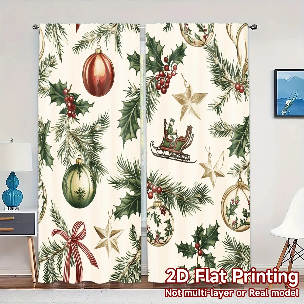 2pcs,Curtains Christmas Ornaments Pine Branches Holly_a Popular Creative Curtains 100% Polyester Curtains All Seasons for