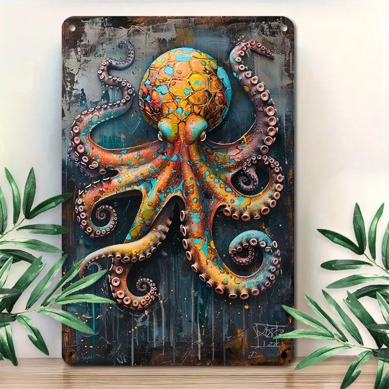 

Retro Style Octopus - Themed Metal Wall Art, Colorful and Textured Decor for Home, Ideal for Nautical and Ocean - Themed Spaces