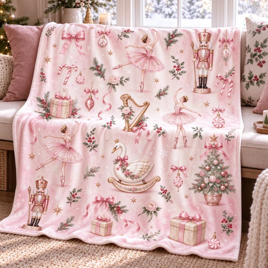 Nutcracker Ballet Flannel Throw Blanket, Ballerina Snow Globe & Swan Print, Soft Pink Blanket with Sage Green Bows, Elegant Christmas Home Decor, Holiday Gift for Dancer, Cozy Warm Couch Throw
