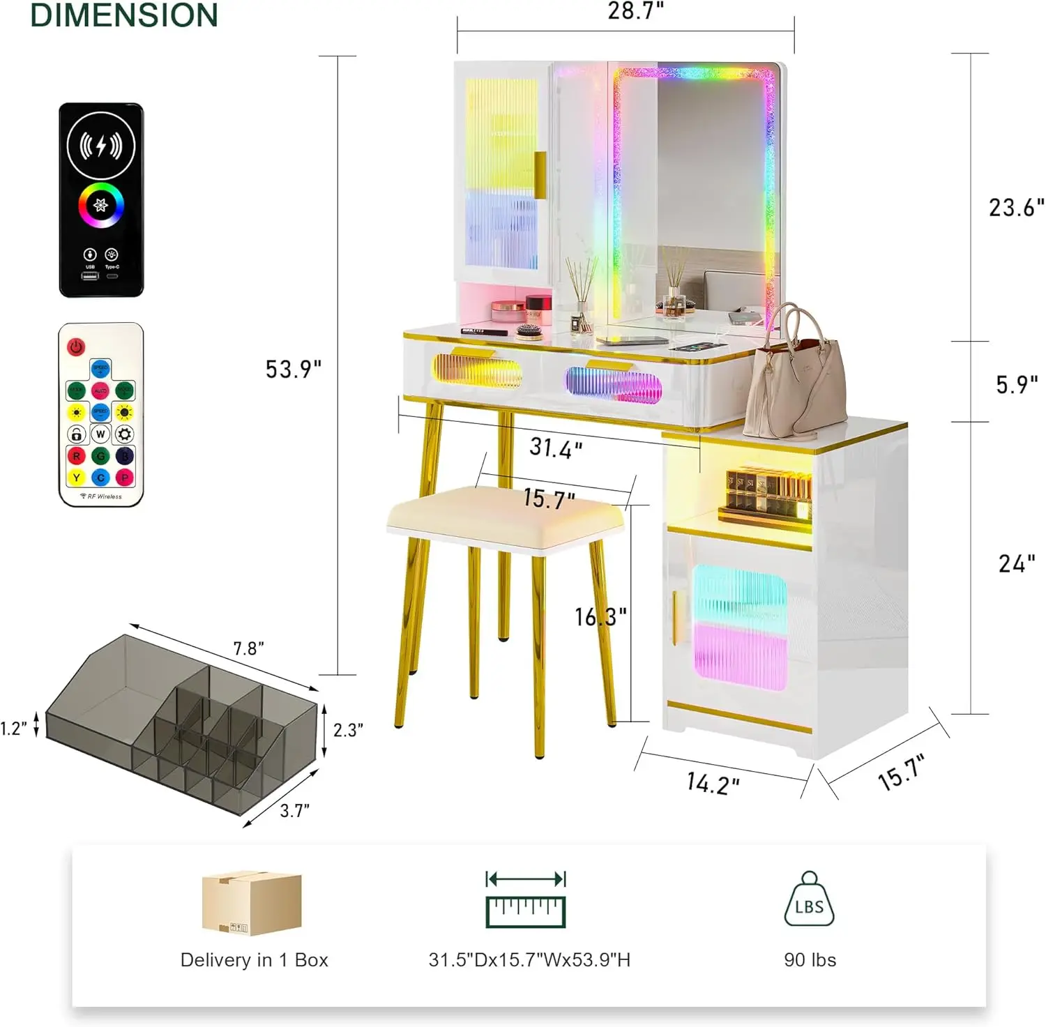 Vanity Desk with RGB Lights LED Makeup Vanity with Mirror and Drawers RGB Makeup Desk with USB Wireless Charging Station