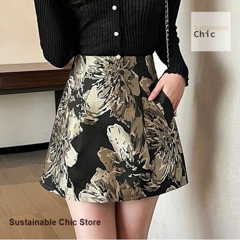 Korean style elegant high waist temperament Jacquard skirt female spring and autumn Joker retro skirt slim A-line skirt.