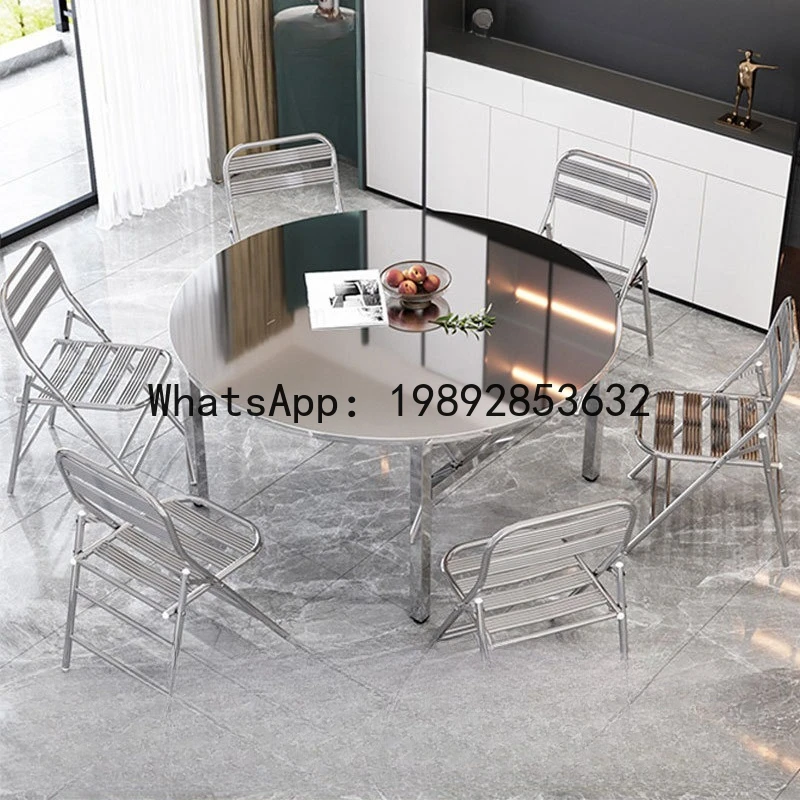Modern Folding Stainless Steel Dining Table and Chairs Outdoor Convenient Round Table with Turntable Multi-Functional