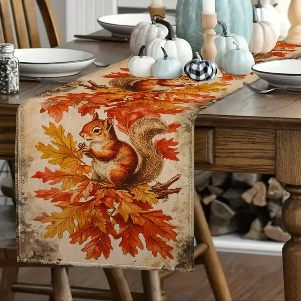 1pc Thanksgiving Table Runner - Squirrel Pattern Design, Autumn Party Decor, for Festival Catering Decoration