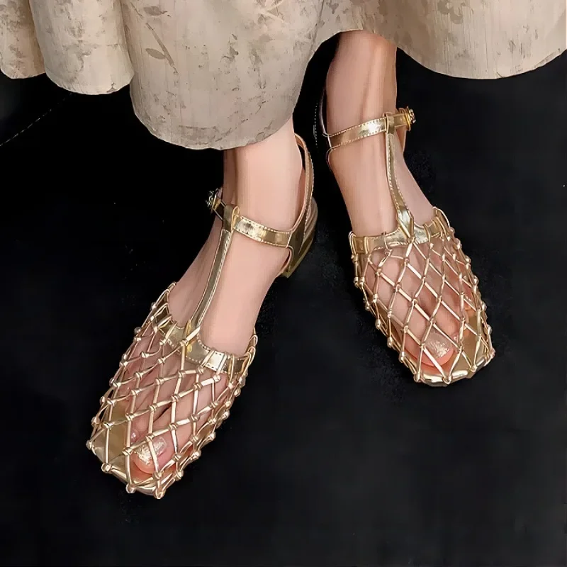 

Women Weave Mesh Sandals Retro Gold Hollowed Out Mesh Silver Stunning Baotou Sandals Lady Summer Shoes Back Empty Single Shoes